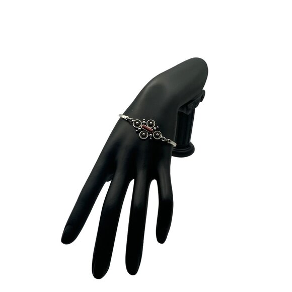 Silver Bangle Bracelet With Intricate Ornamental Design & Adjustable Chain - Picture 1 of 5